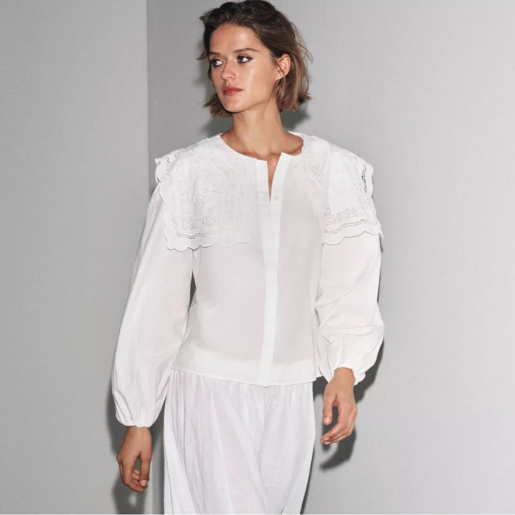 Zara Woman Collection Zw Collection Embroidered Collar Poplin Shirt